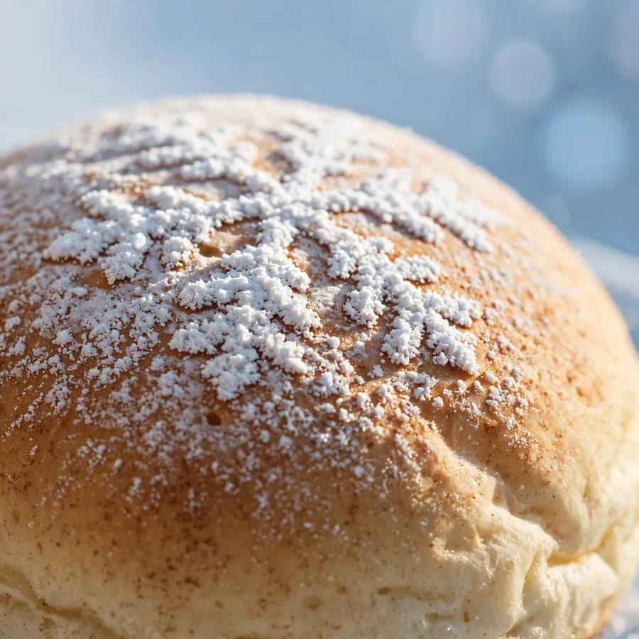 Powdered sugar on the soft top of a bun