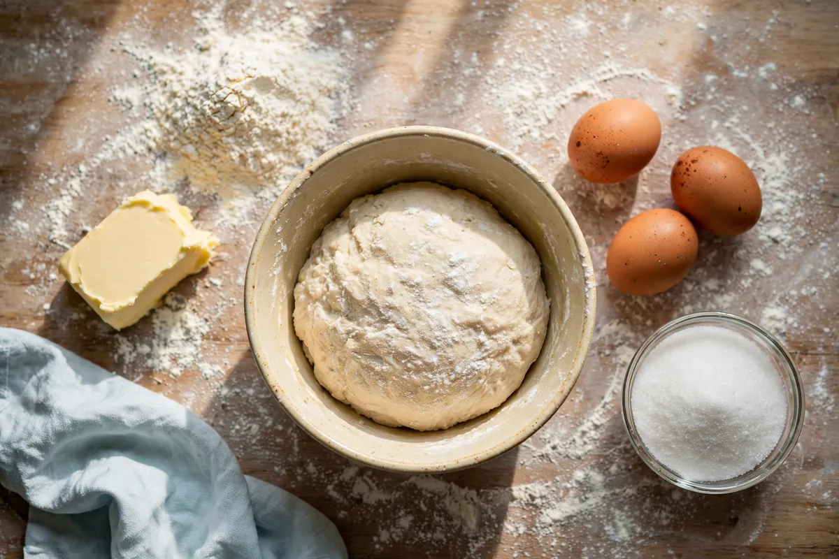 Flour, butter, eggs and dough on a floured table