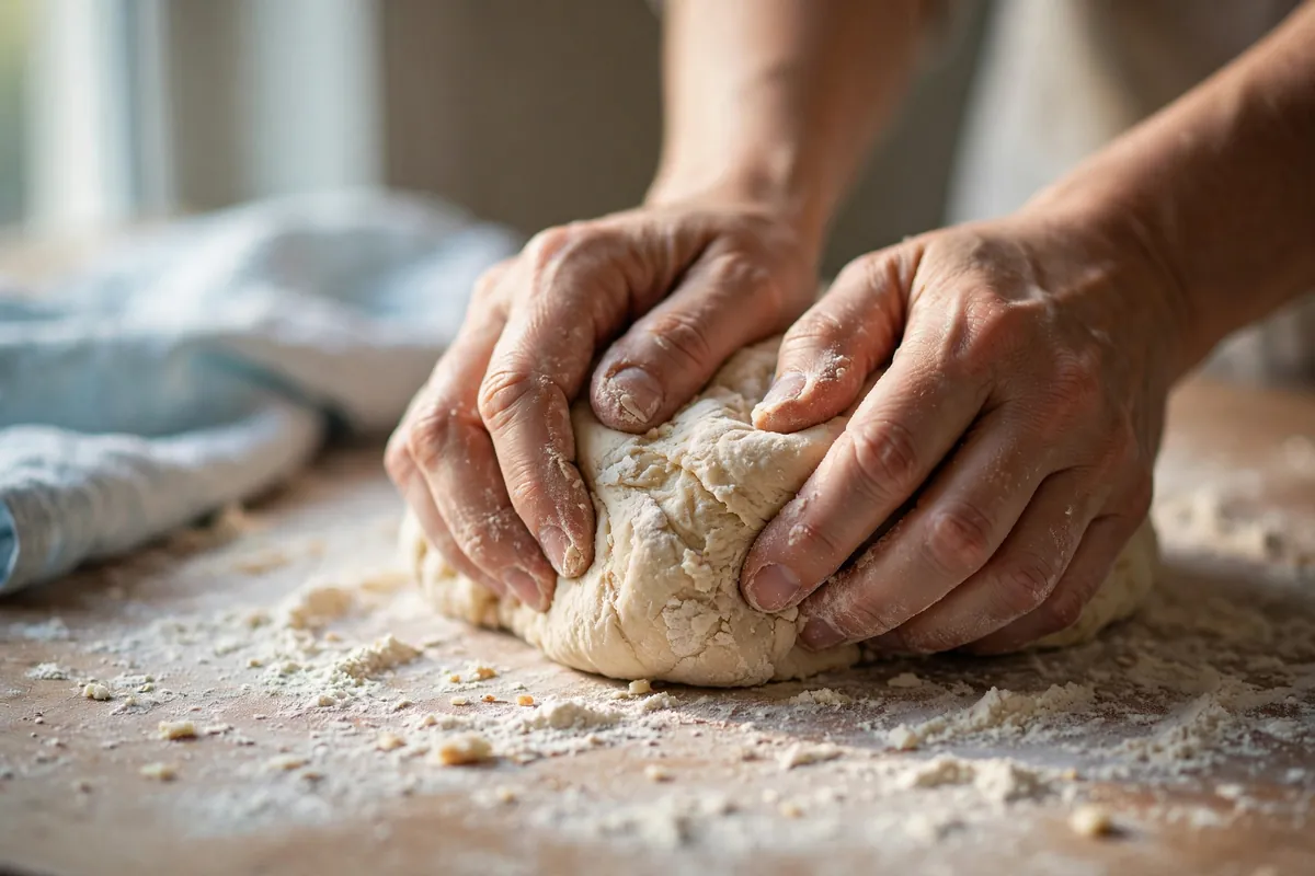 Hands kneading soft dough