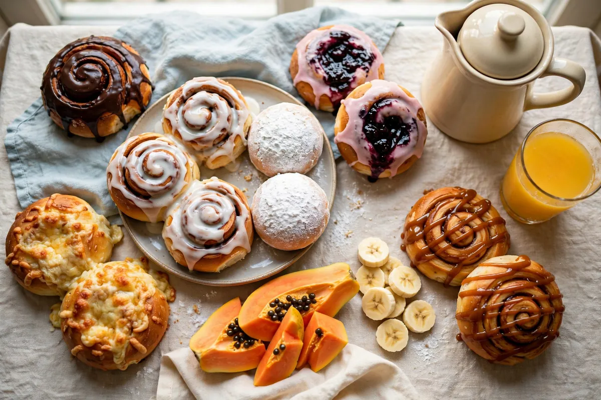 A breakfast table with buns, fruit and coffee