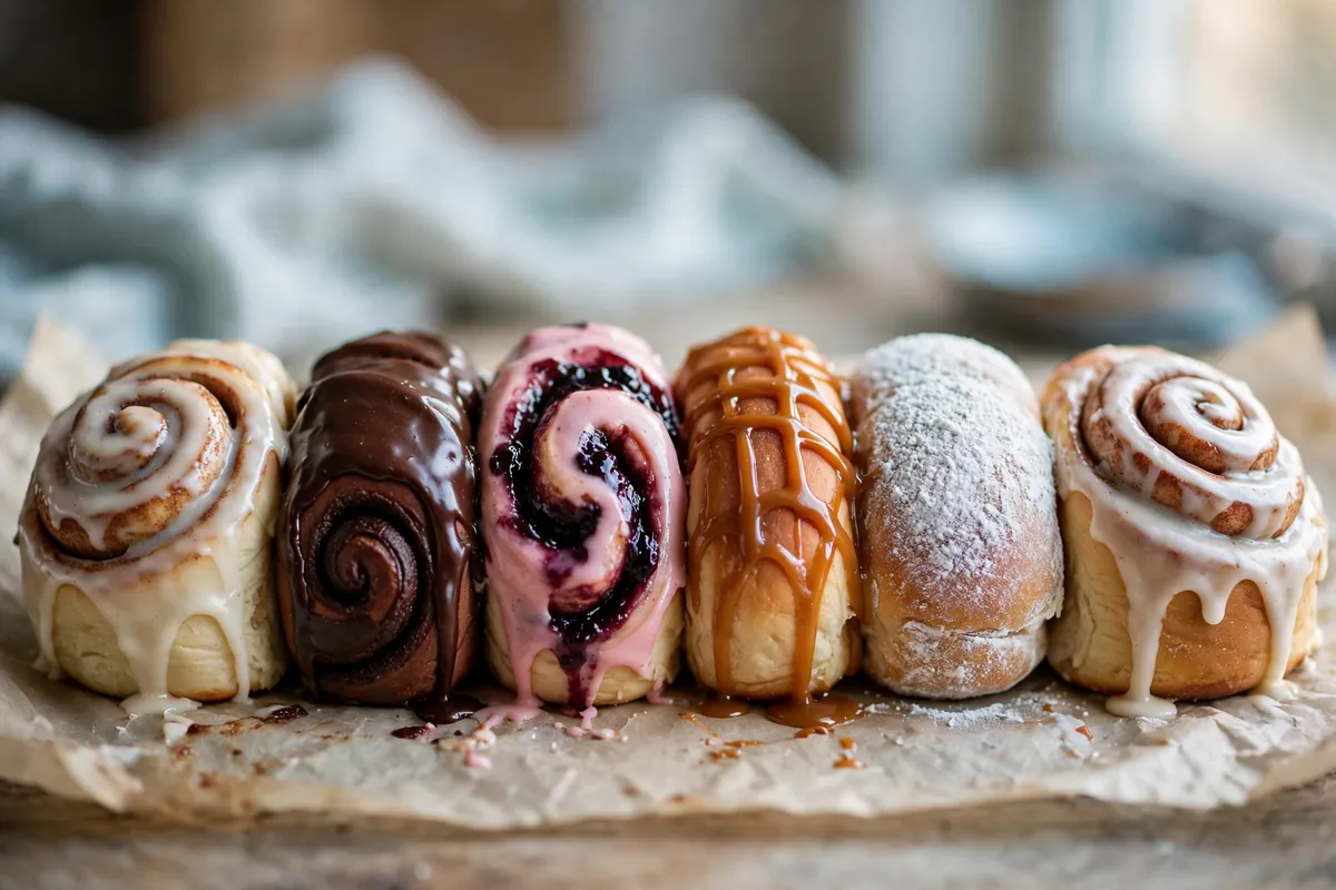 A row of sweet glazed buns